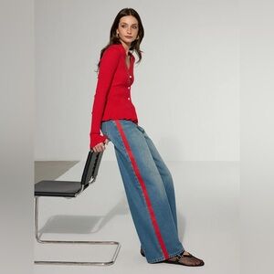 Commense Blue Wide-Leg Jeans with Red Side Stripe